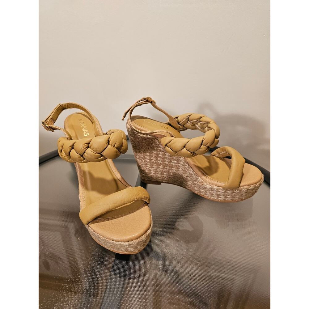 Kaanas Woven Leather Braided Strap Wedge Sandals In Khaki